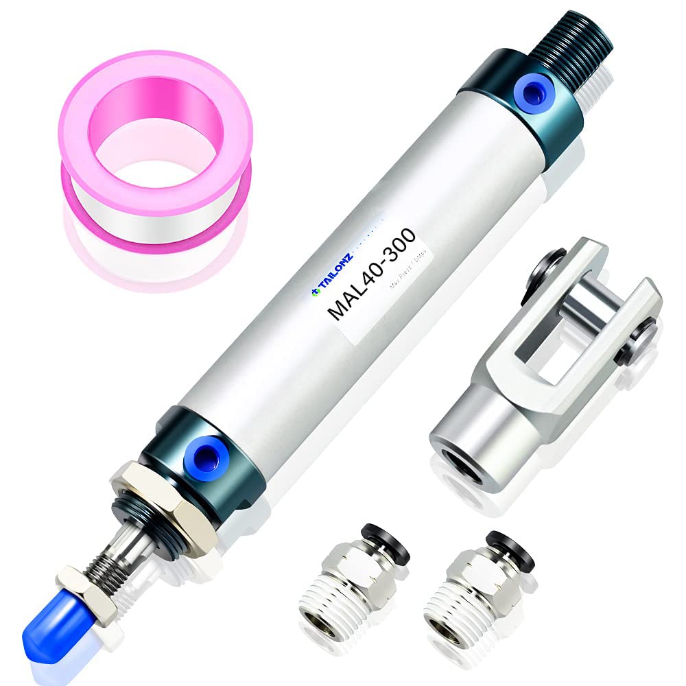 TAILONZ PNEUMATIC 40mm Bore 300mm Stroke Air Cylinder Double Action with Y Connector and 2Pcs 8mm Fitting MAL40x300 Silver