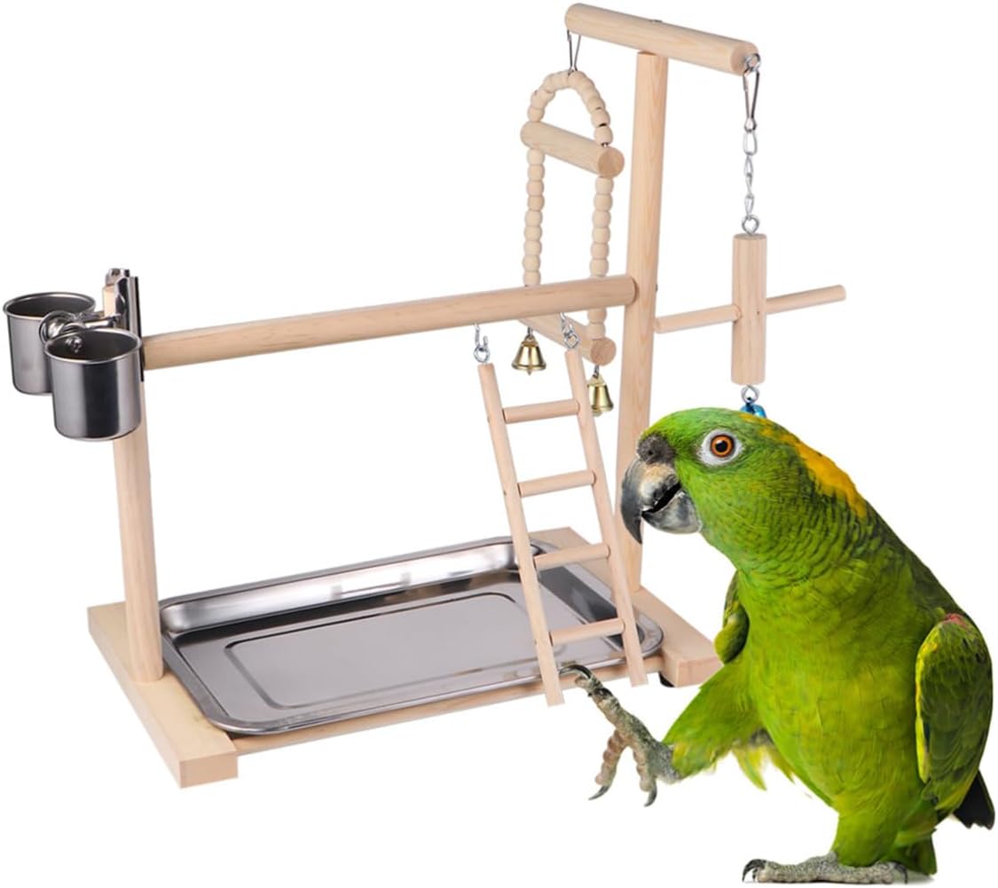 Wooden Parrot Stand with Hanging Swing and Perch Platform Natural Wood Bird Playstand for Parrots and Small Birds Indoor Cage Accessory and Exercise Random Color