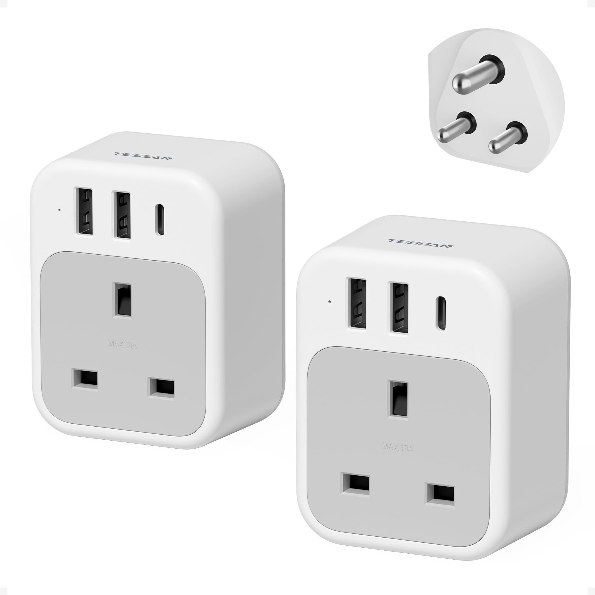 South Africa Plug Adapter 2 Pack, TESSAN UK to South Africa Plug Adapter with USB C and 2 USB A, 4 in 1 Type M Travel Adaptor — view 8