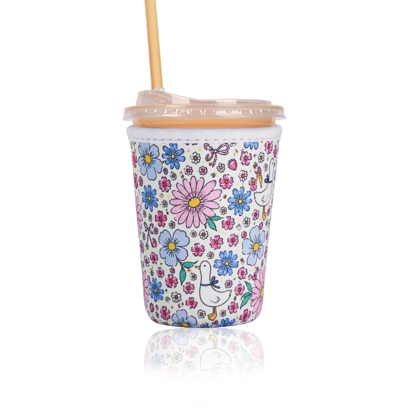 Reusable Insulated Sleeve for Iced Coffee Cup, Coffee Neoprene Sleeve for Cold &amp; Hot Drinks, Beverage Holder for Iced Coffee (Daisy Geese, Small: 16-18oz)
