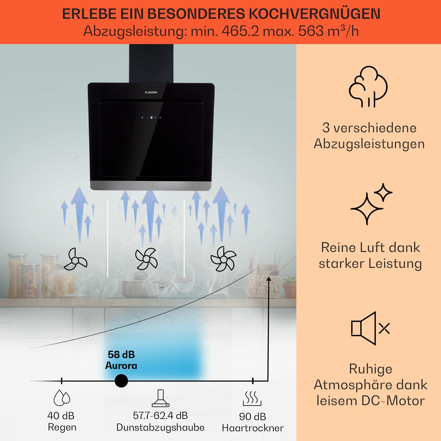 Klarstein Dunstabzugshaube 60cm, Abluft-Dunstabzugshaube, Abzugshaube mit Aktivkohl-Filter, Dunstabzug mit 585m³/h Luftstrom, Wandhauben RGB-LEDs & IoT/Wifi, Leise Dunstabzugshauben 60 cm