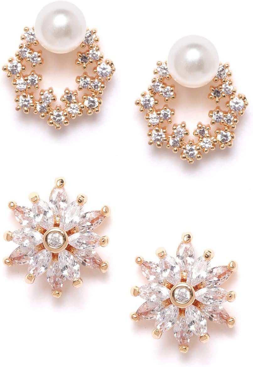 Combo Of 2 Rosegold Cubic Zirconia Brass Stud Earrings For Women-Zpfk10217, Onesize