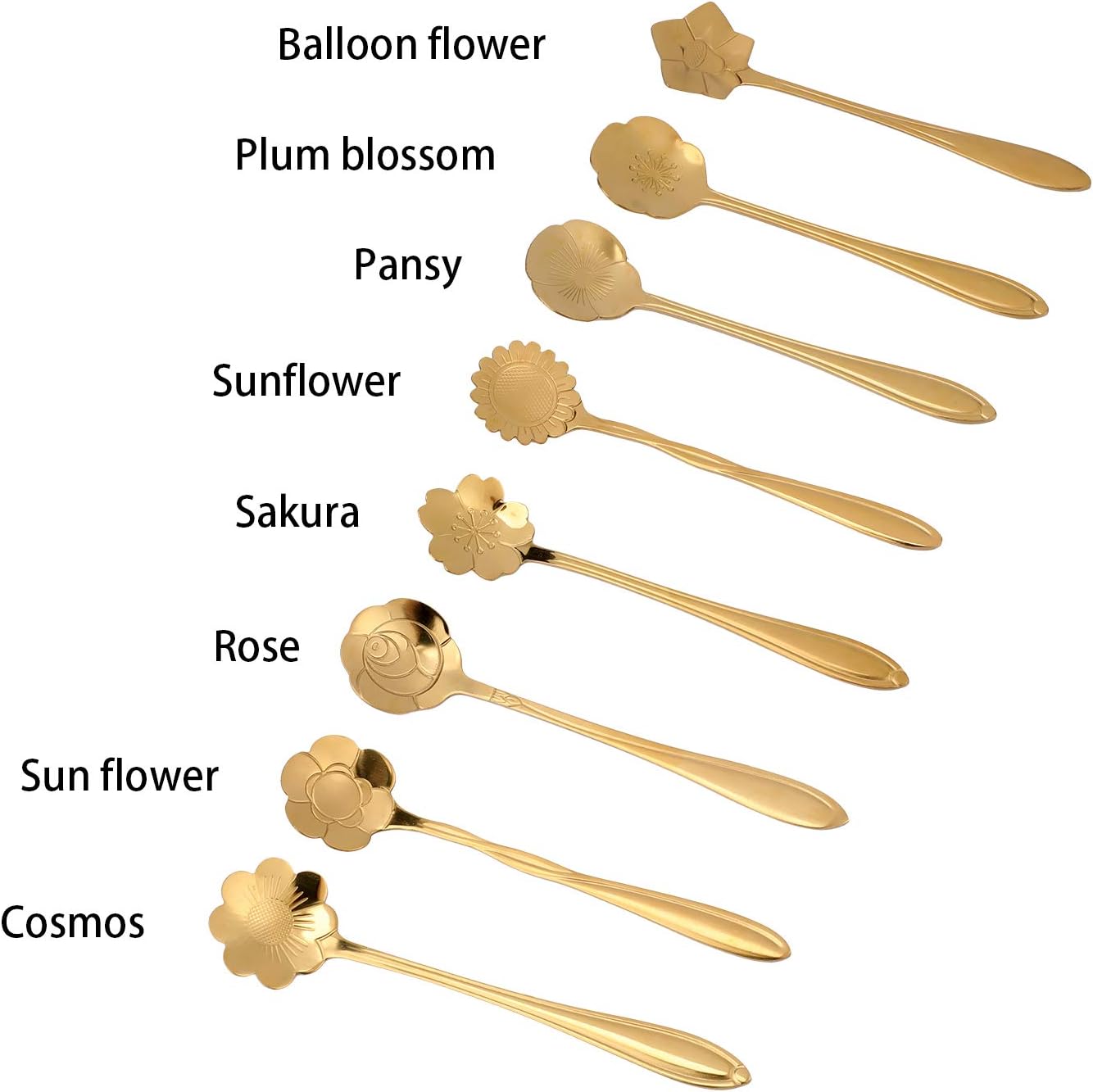 TRUSBER Flower Spoon Set, Stainless Steel Teaspoon Colorful Mixing Stir Spoons, 8 Different Pattern Scoops for Coffee, Espresso, Cappuccino, Desserts, Sugar, Afternoon Tea, Ice Cream and Bar, Gold : Home & Kitchen