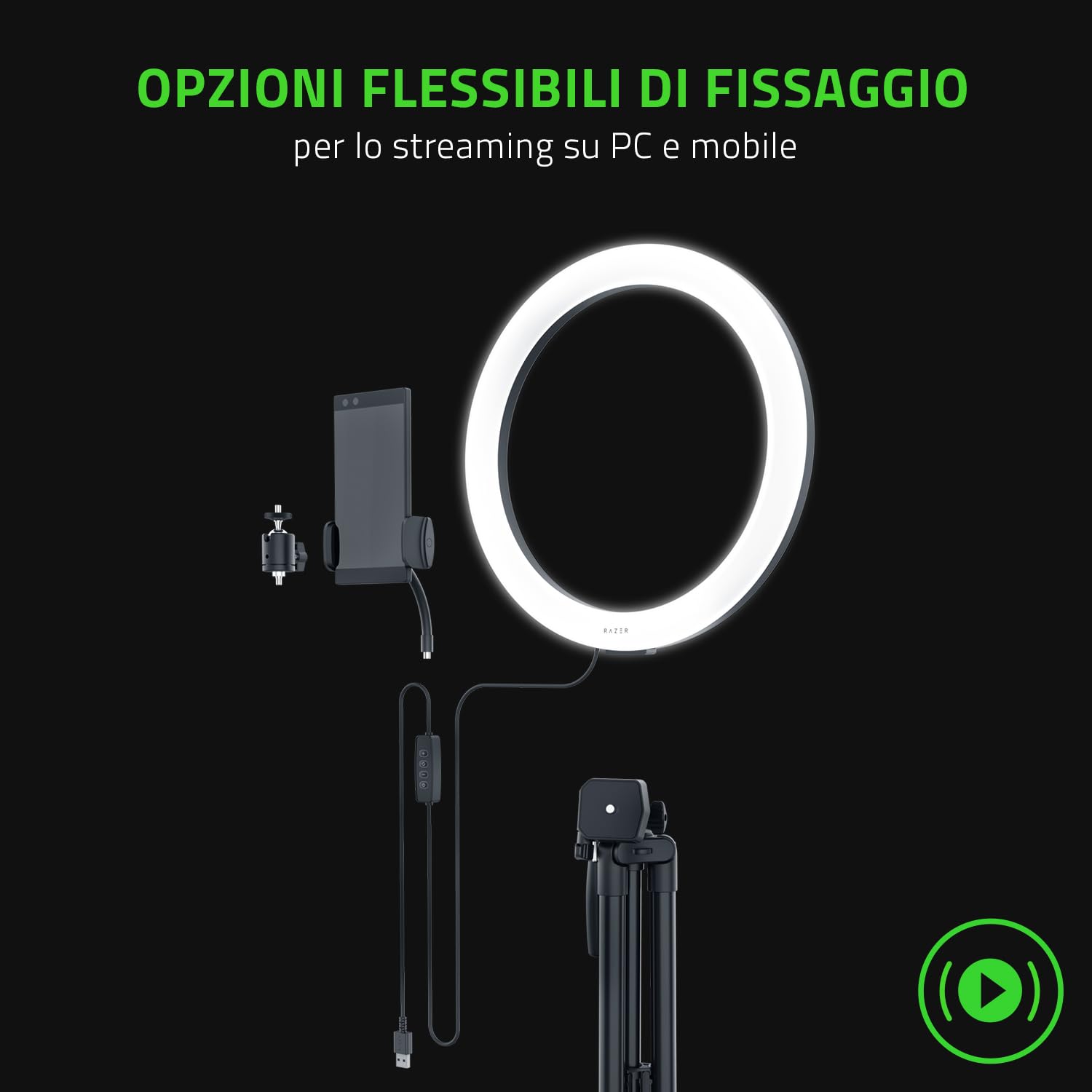 Razer Luce ad anello - Luce ad anello USB LED da 12" per lo streaming da PC o mobile (Spettro di luce personalizzabile, Luminosità regolabile, fissaggio flessibile, Treppiede, Alimentata via USB) Nero