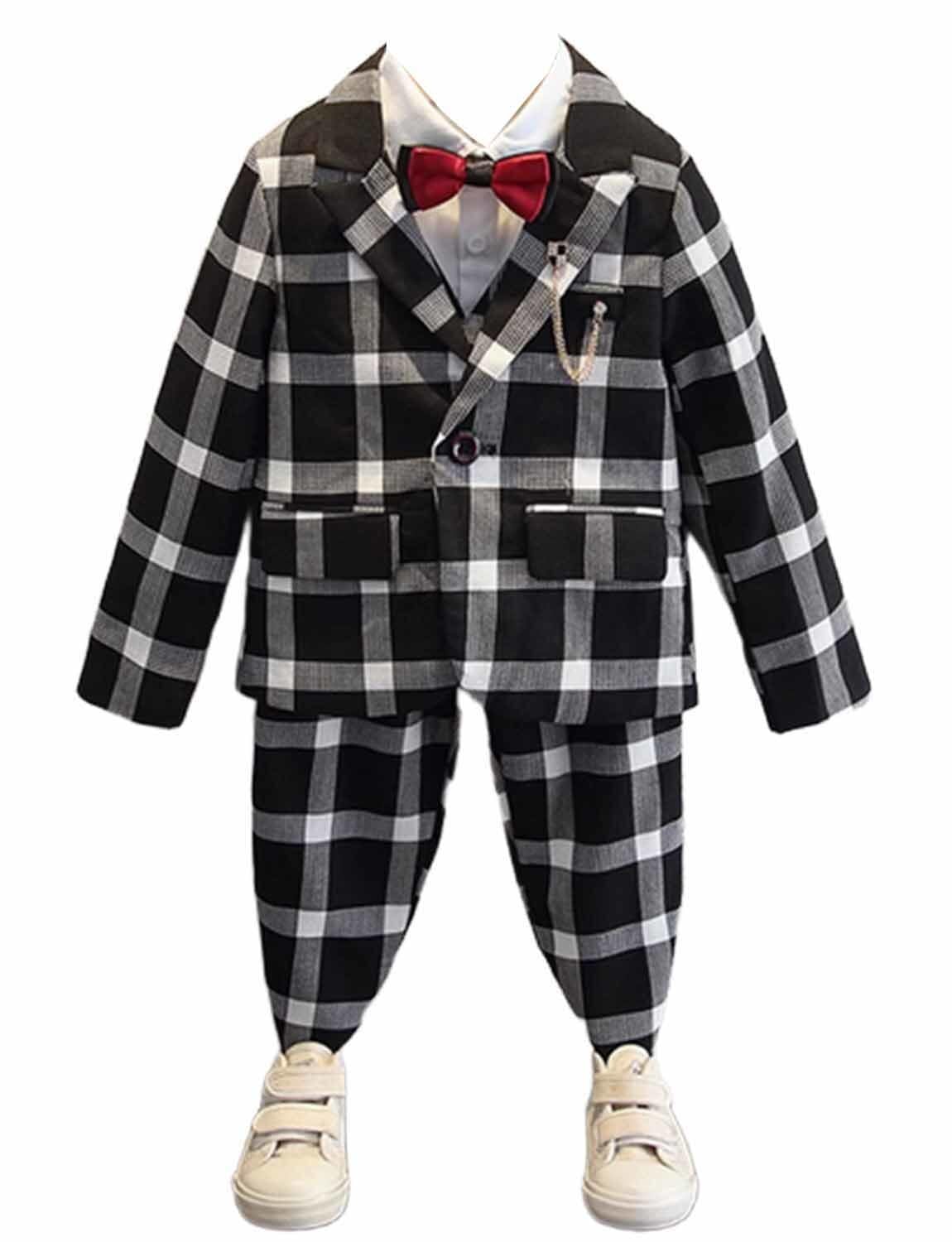 Jungen Karierter dreiteiliger Anzug Formeller täglicher One Button Peak Jacke Weste Hose Smoking