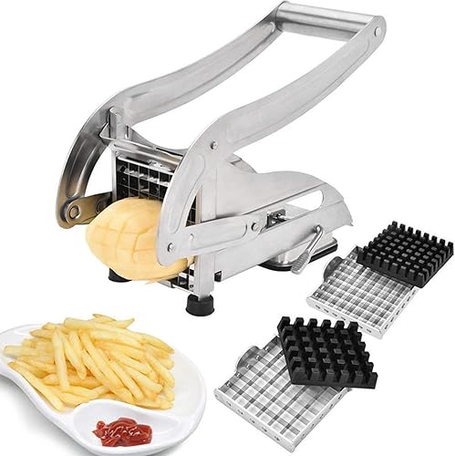 MSET - Cortador de acero inoxidable para freír francés, cortador de patatas comercial con dos cuchillas intercambiables, manual, resistente,