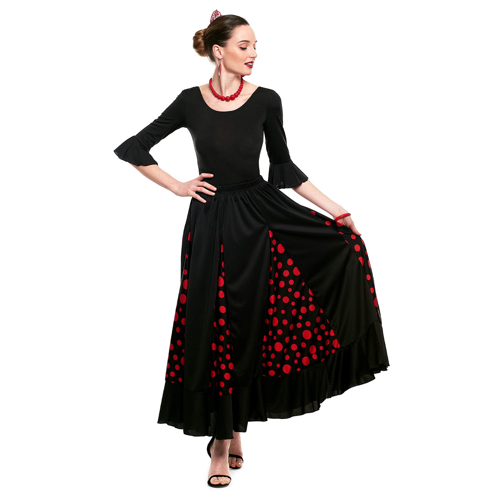 Falda Flamenca Mujer Negra con Quillas Lunares Rojos Tallas Adulto S a XXL Ensayo Baile Danza Disfraz