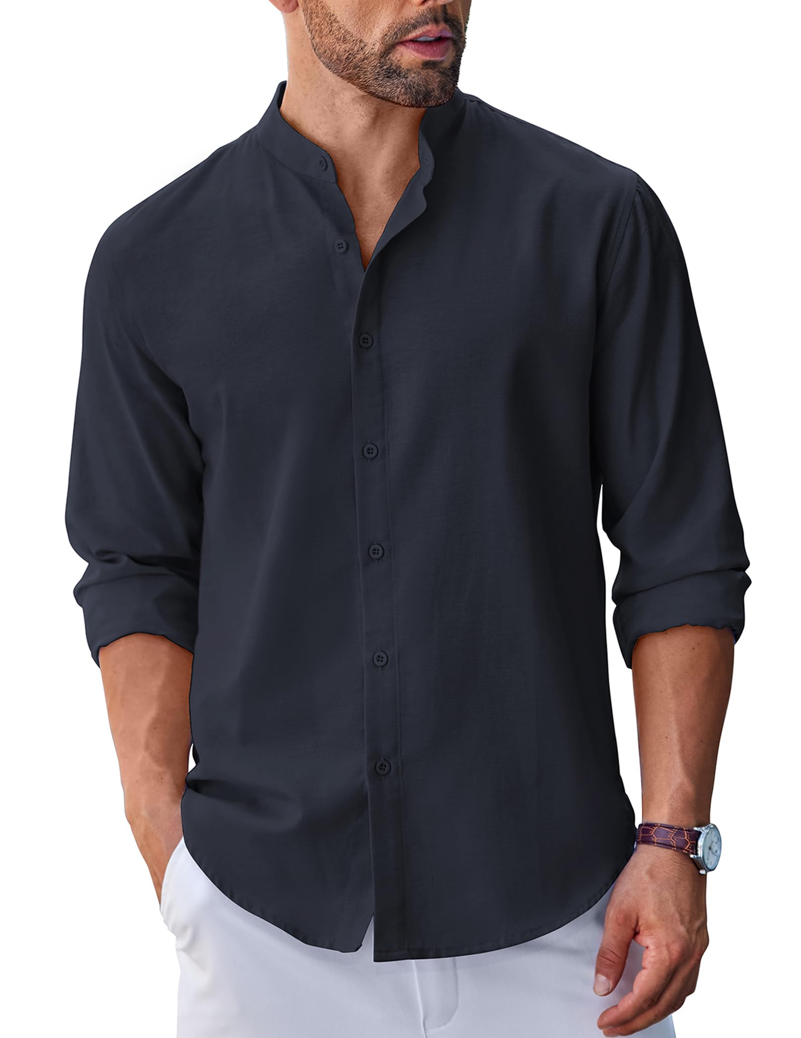 COOFANDY Men's Long Sleeve Oxford Dress Shirts Chambray Button Down Shirt Casual Band Collar Shirts