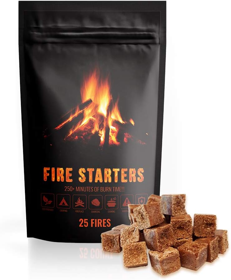 Fire Starter Cubes 25 Count, Natural & Eco Friendly, Water Proof, Perfect for: BBQ Grill, Gas Grill, Campfire Grill, Camping Gear, Camp Fire Cooking, Emergency Survival Kit, Fireplace & BBQ