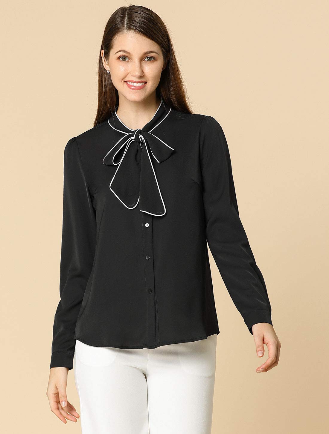 Allegra K - Camisa con Botones de Manga Larga y Cuello en Contraste para Mujer