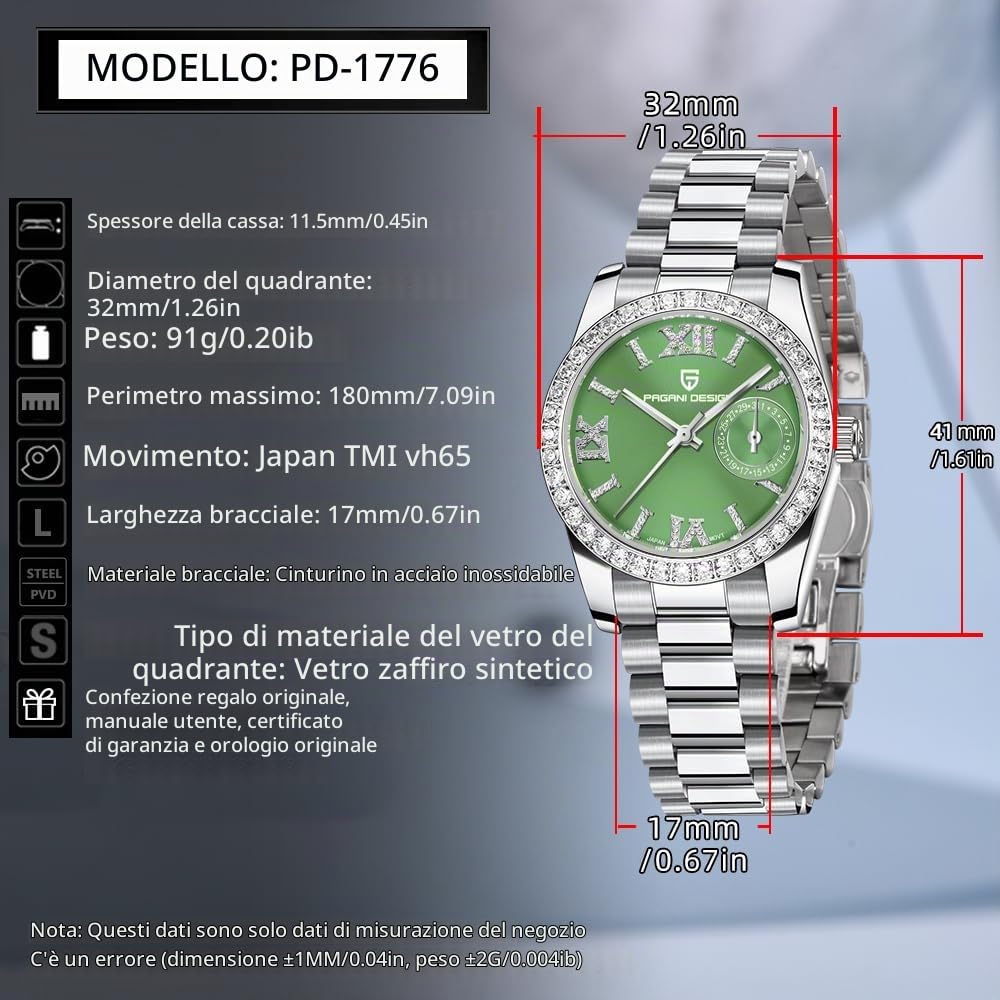 CEYADG Pagani Design Orologio da donna al quarzo elegante, orologio da polso di lusso con diamanti per le donne con cinturino in acciaio inox