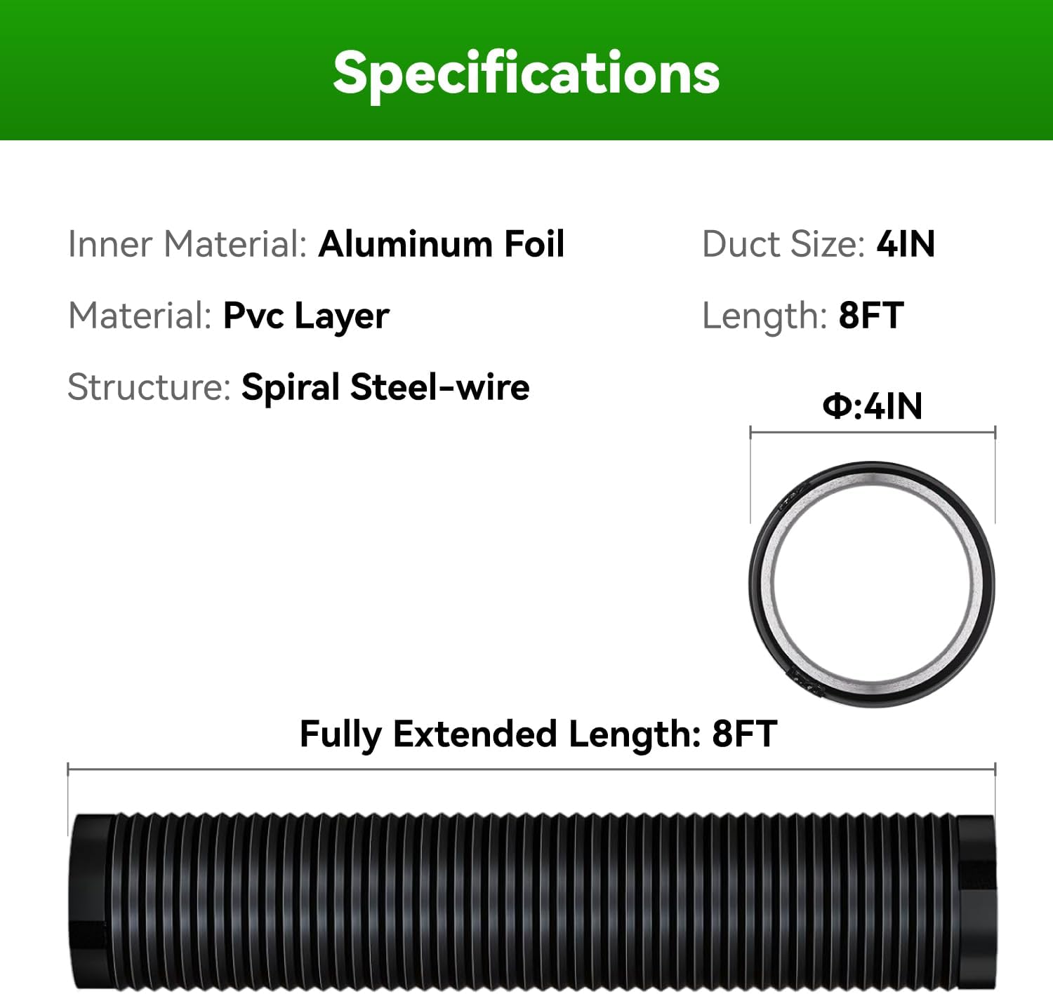 Dryer Vent Hose 4 inch 8 FT Long Air Ducting, Heavy-Duty Four-Layer Protection Dryer Vent Hose for Heating Cooling Ventilation,Includes 2 Pack Clamps,8FT
