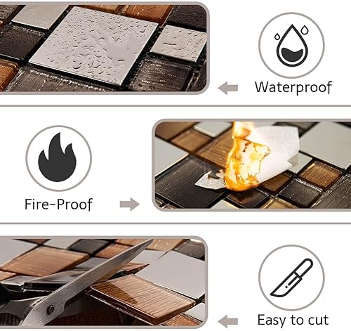 Vista 5 de Azulejo de mosaico de vidrio, azulejos de vidrio para salpicaduras de 12 x 12 pulgadas, marrón con cuadrado plateado para cocina, baño, azulejos