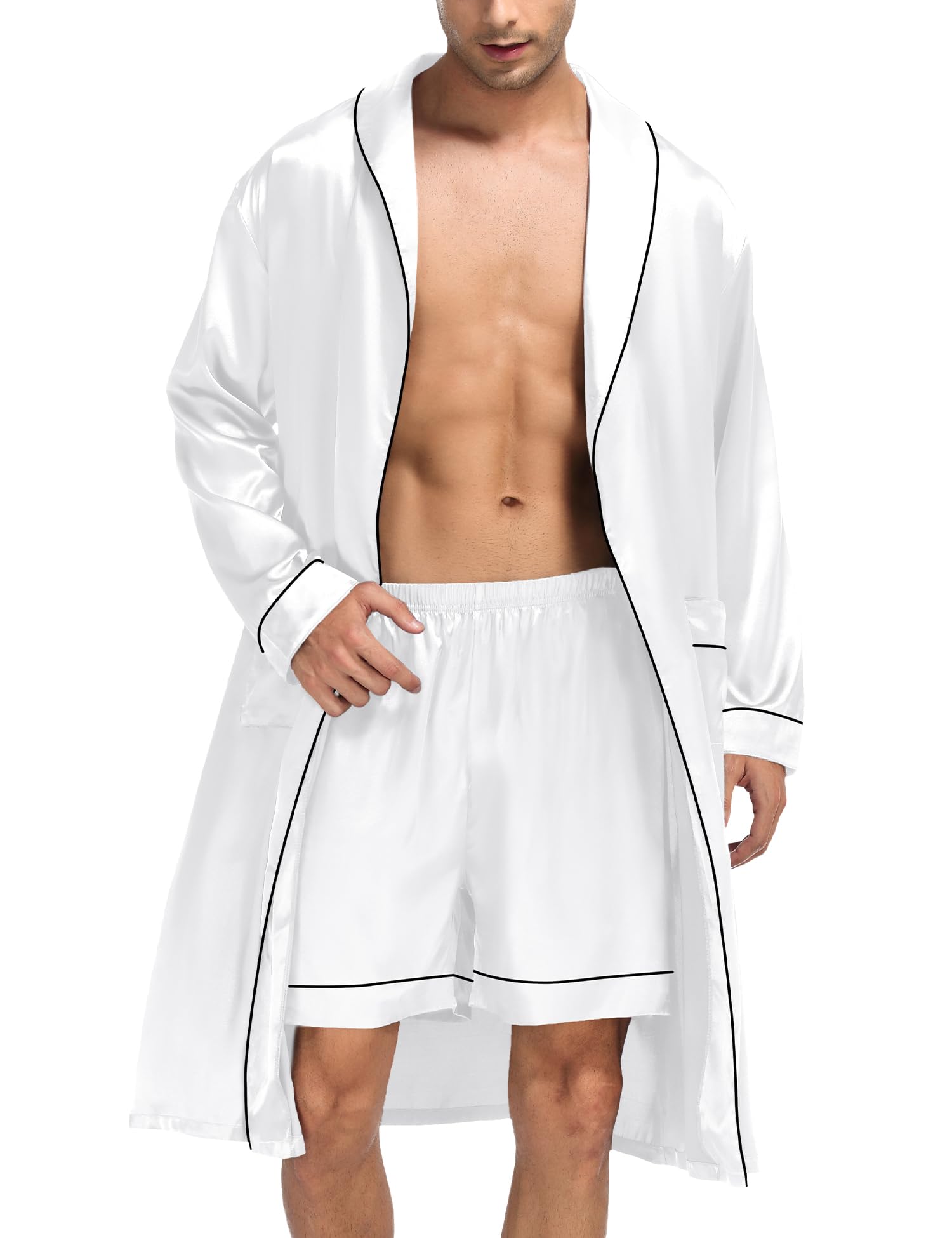 SWOMOG Men's Satin Robe Silky Kimono Bathrobe with Shorts Set Lightweight Soft Loungewear Nightwear