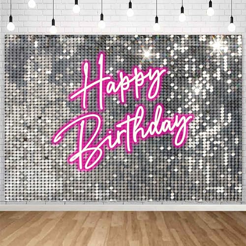 Sensfun Silver Sequins Pink Neon Birthday Backdrop for Photograph...