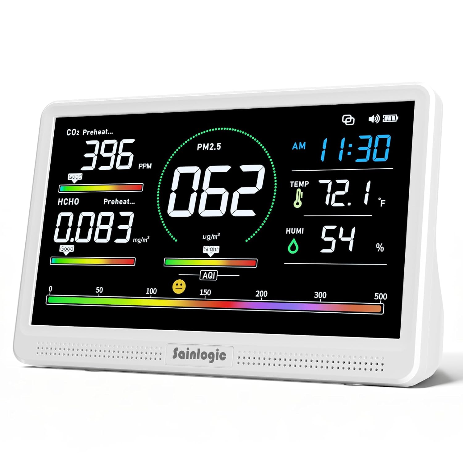 Sainlogic 16-in-1 Indoor Air Quality Monitor: 7.2" Display, CO2, PM2.5/PM1.0/PM10, TVOC, HCHO Tester with 7 Custom AQI Alerts for Home