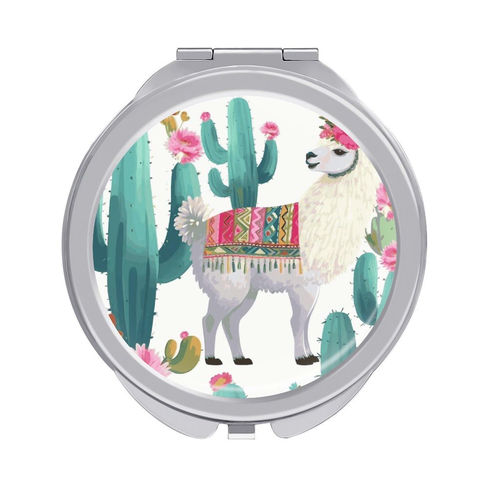 Tropical Llama Alpaca Cactus Flower Compact Mirror for Purses Round Fashion Travel Makeup Mirror 2x /1x Magnifying Double Sides Mini Mirrors Portable Pocket Mirrors for Handbag Purse Women Gift