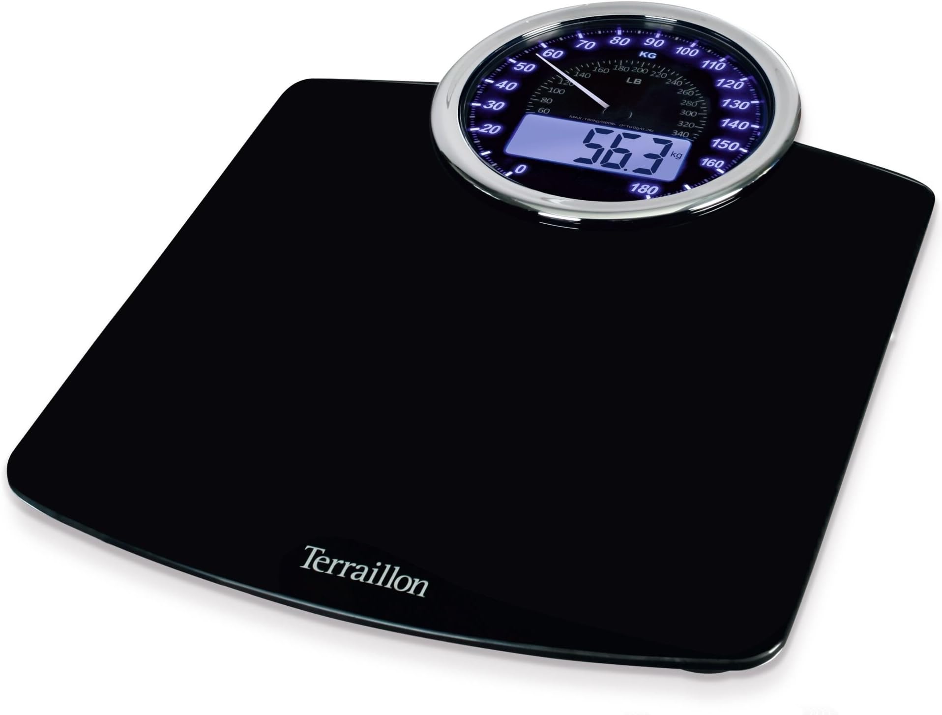 Terraillon GP1300 Analogue & Digital Personal Bathroom Scale Backlit Dual Screen 180KG Capacity & - Black Glass
