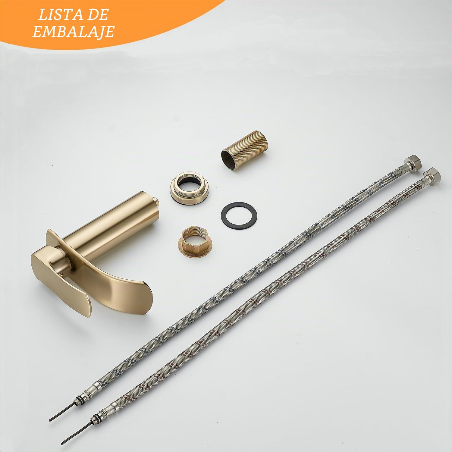 Beelee Grifo monomando de cascada de un orificio para lavabo con conexión de agua fría y caliente G3/8", oro cepillado, grifo moderno para lavabo de baño