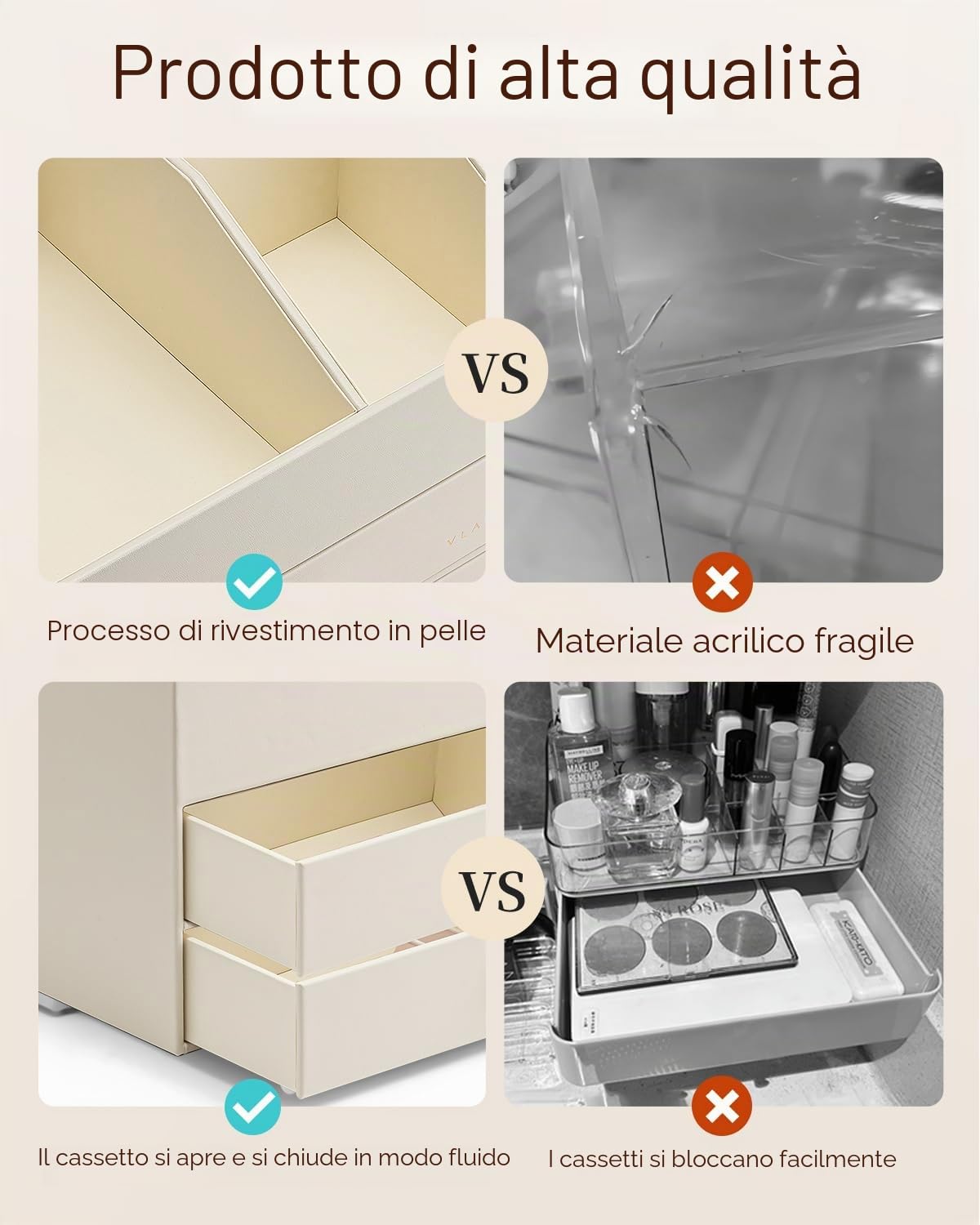 Vlando Organizer per trucchi con 3 cassetti, organizzatore da toeletta, organizzatore per cosmetici, organizzatore per il bagno, Dresser Skincare, beige