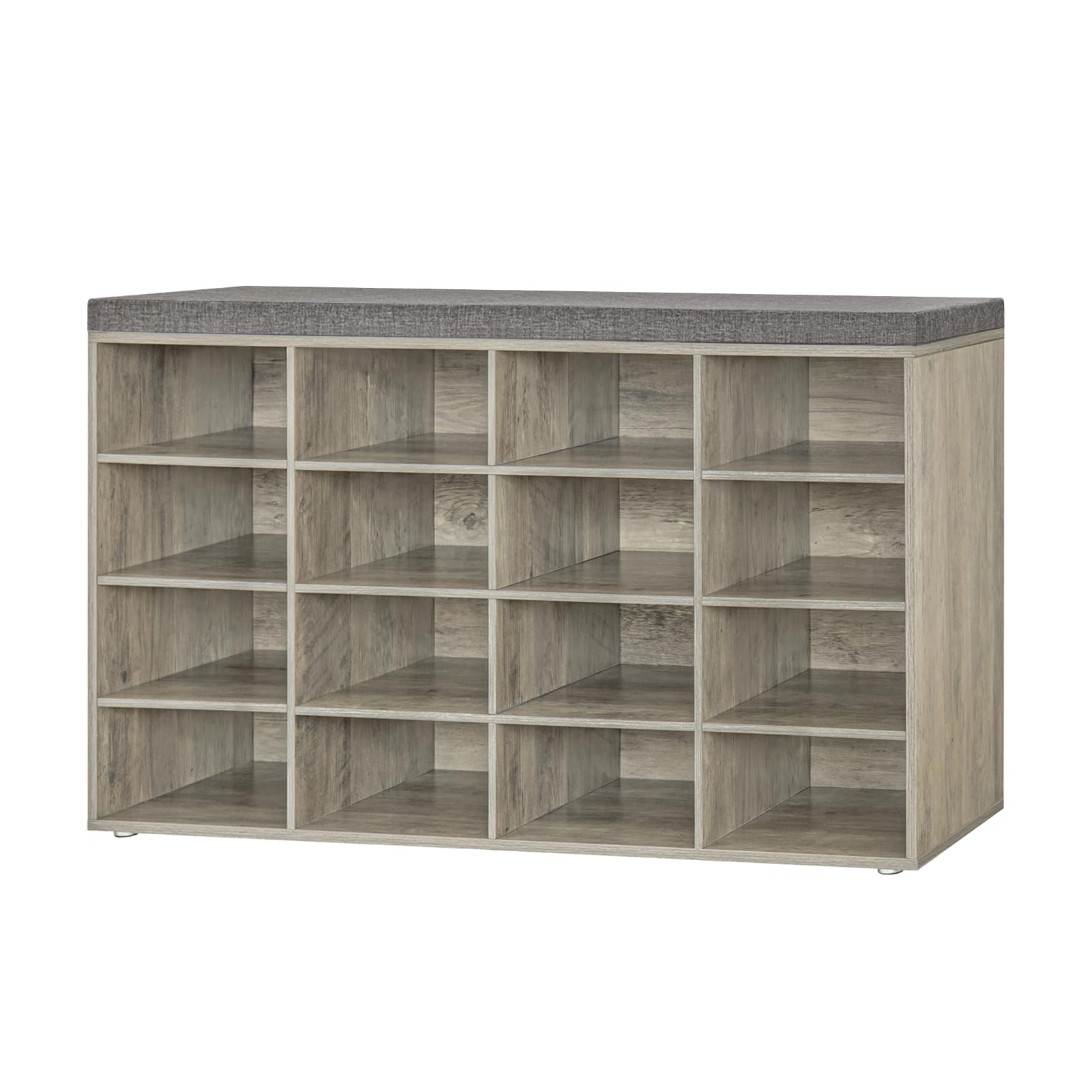 DINZI LVJ Shoe Storage Bench with Cushion, 16-Cubby Shoe Rack, Adjustable Shelves, Multifunctional Shoe Organizer Bench for Entryway, Mudroom, Hallway, Living Room, Bedroom and Garage, Gray Wash