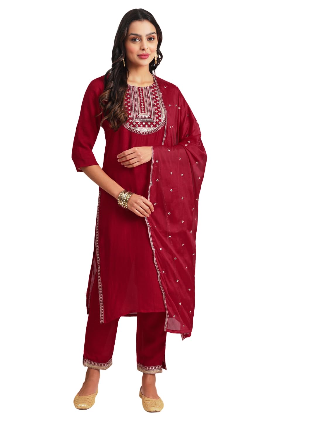 VredeVogel Women's Silk Blend Kurta Pant Set with Chinon Work Dupatta | Casual Outfit Ethnic Kurta Set for Women | Modern & Traditional Blend Ethnic Wear