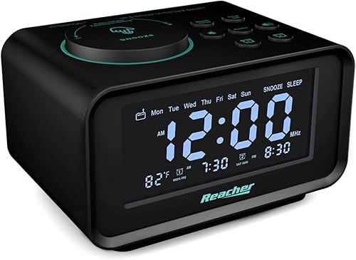 REACHER Reloj despertador digital pequeño con 2 puertos de carga USB, atenuador 0-100%, día de la semanafin de semana, termómetro, 6 sonidos de