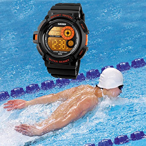Skmei Boys Sport Style Digital Watch Waterproof 7 Colors Changeable Led Backlight Wristwatch Men Pu Band (Orange) #TOP5