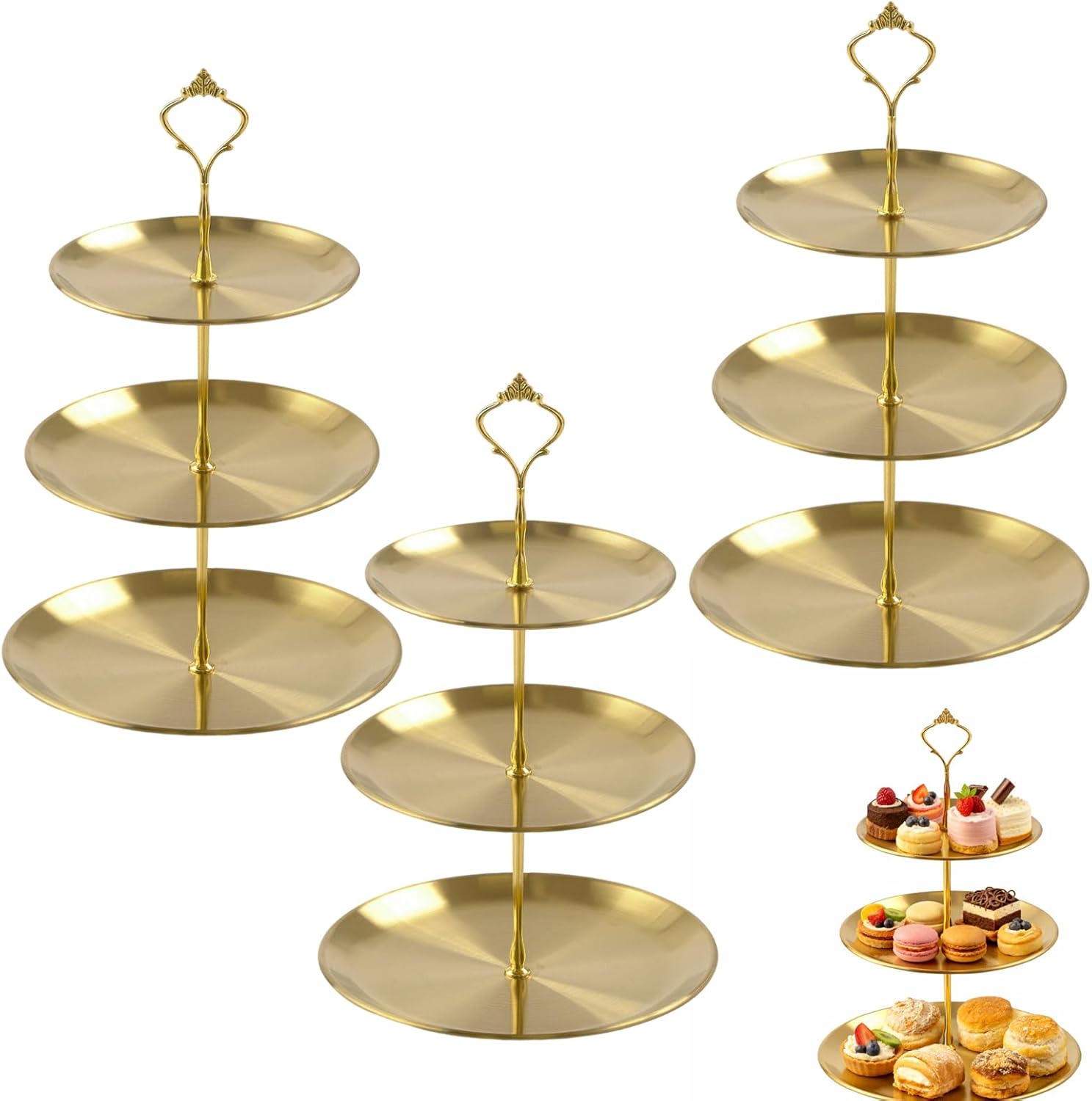 3 Pcs 3 Tier Stainless Steel Cupcake Stand, Gold Tiered Dessert Stand for Wedding, Birthday Party, Baby Shower, Tea Party, Graduation Ball (Gold)