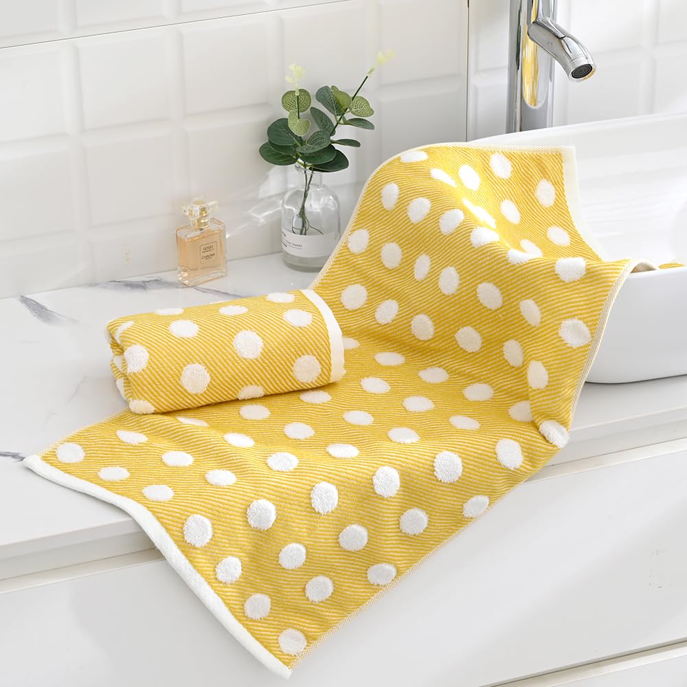 sense gnosis Yellow Jacquard Striped Polka Dot Hand Towels Set of 2 Super Soft 100% Cotton Absorbent White Terry Bath Hand Towels for Bathroom Decorative Gym Camping - Image 2
