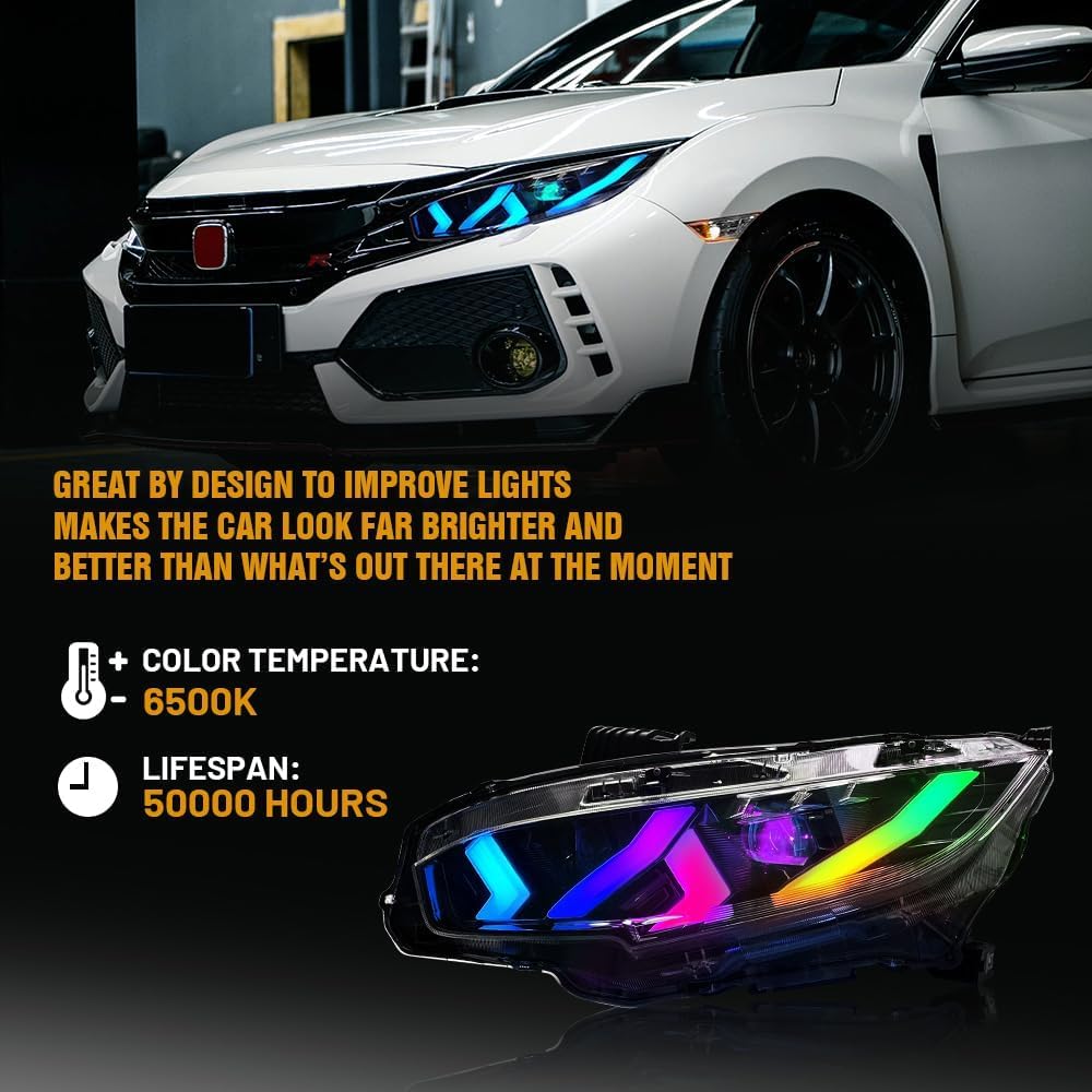 New Lambo Style Headlights for Honda Civic 2016-2021 Sedan Coupe Hatchback Si Type R Touring Sport EX EX-L LX 10th Gen Front Headlamp with Blue Animation Multicolor DRL Sequential Turn Signal
