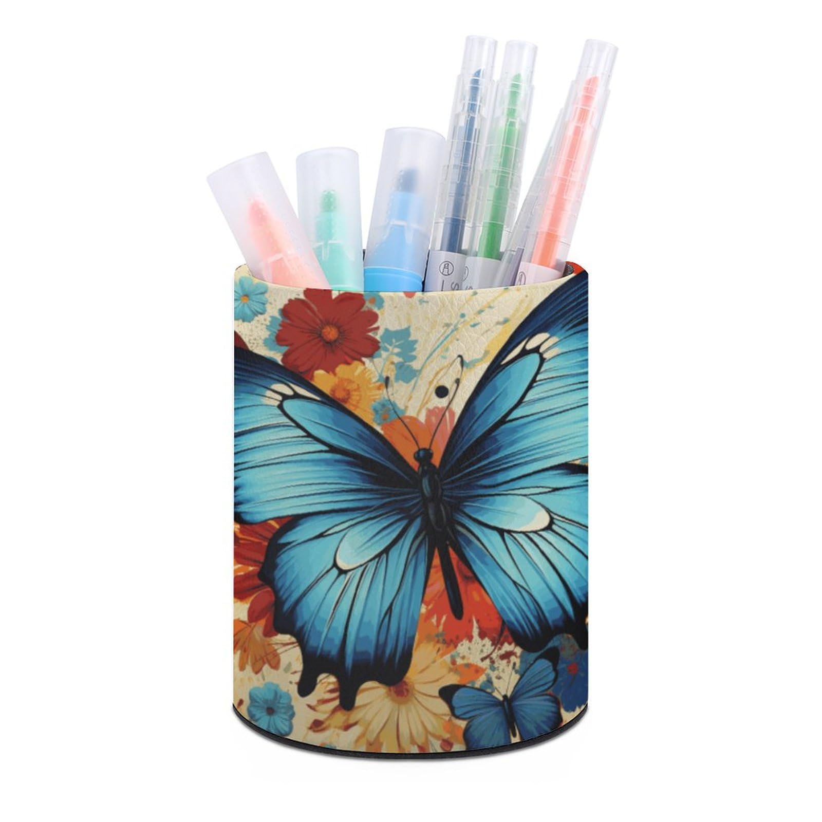 KLOPH PU Leather Pen Holder for Desk, Aesthetic Pencil Cup for Desktop, Makeup Brush Srotage for PenOrganizer Office Supplies, Butterfly Pen Cup Pencil Caddy for Home Art Supply