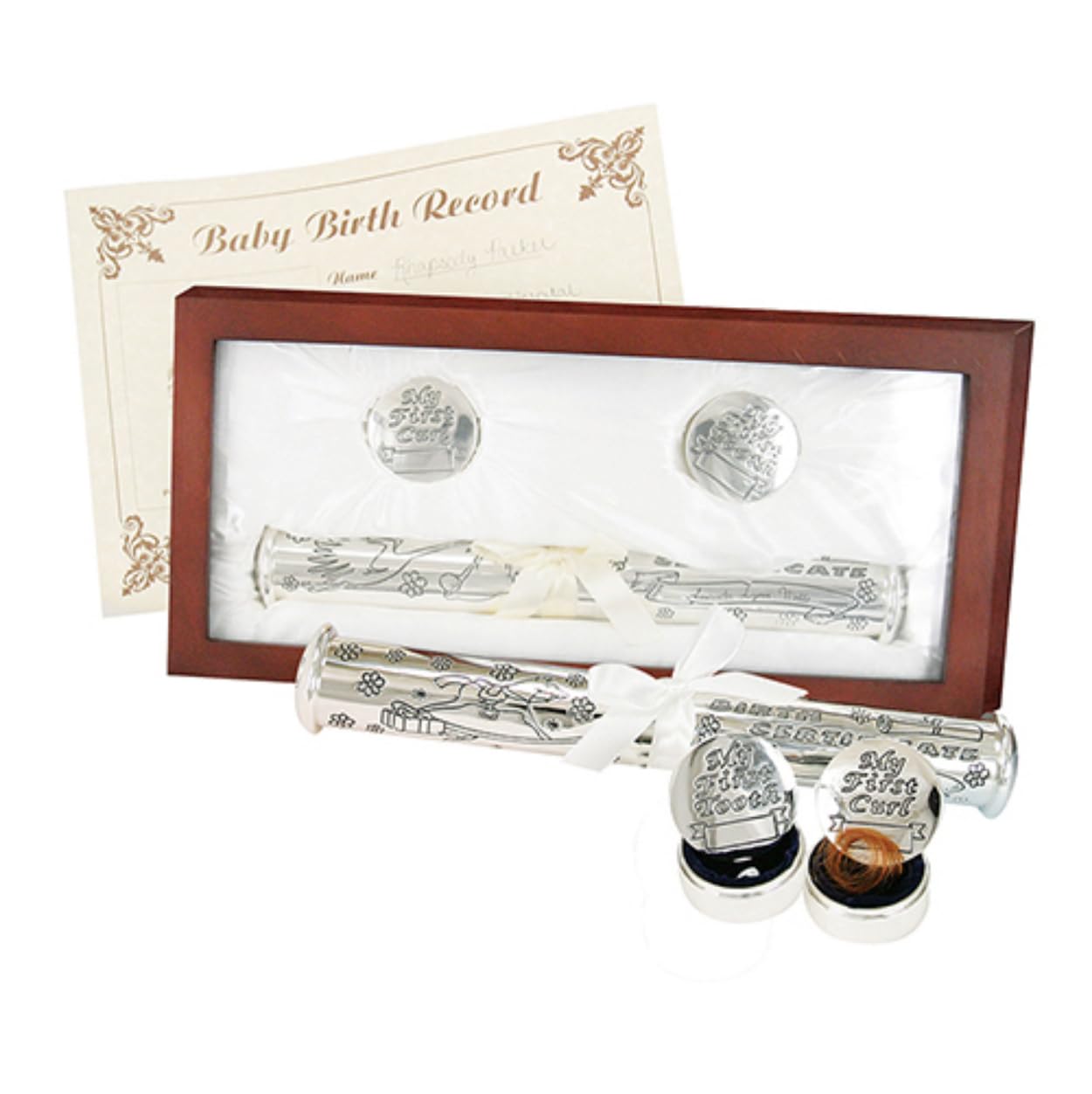 Stephan Baby Satin-Lined Rosewood Keepsake Box with Silver Plated First Tooth and First Curl Boxes