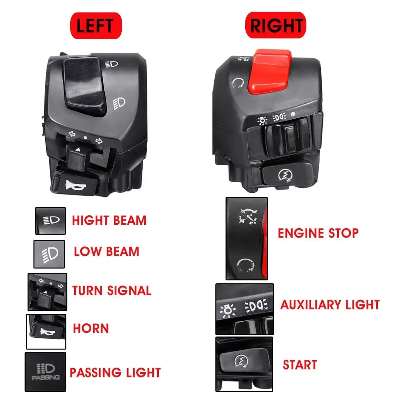 7/8" Interrupteur De Démarrage Électrique 12 V Double Accélérateur Universel Pour Guidon De Moto Klaxon Clignotants Phares Pièces Détachées Contacteur d'Allumage