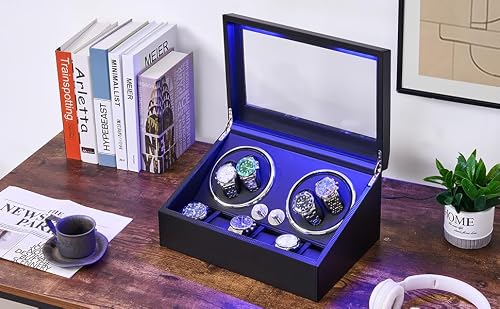 ANWBROAD Watch Winder for Automatic Watches 4 Watch Rotator and 6 Extra Storages with Super Quiet Mabuchi Motor and LED Backlight Turner Carbon Fiber Shaker 5 Rotating Modes USB UJWW002F