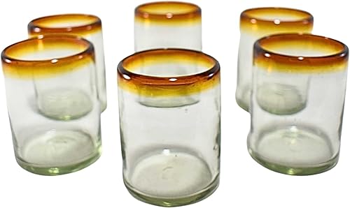 Juego de 6 vasos soplados a mano hechos a mano de México. Juego de 6 piezas (borde ámbar, antiguo de 10 onzas)