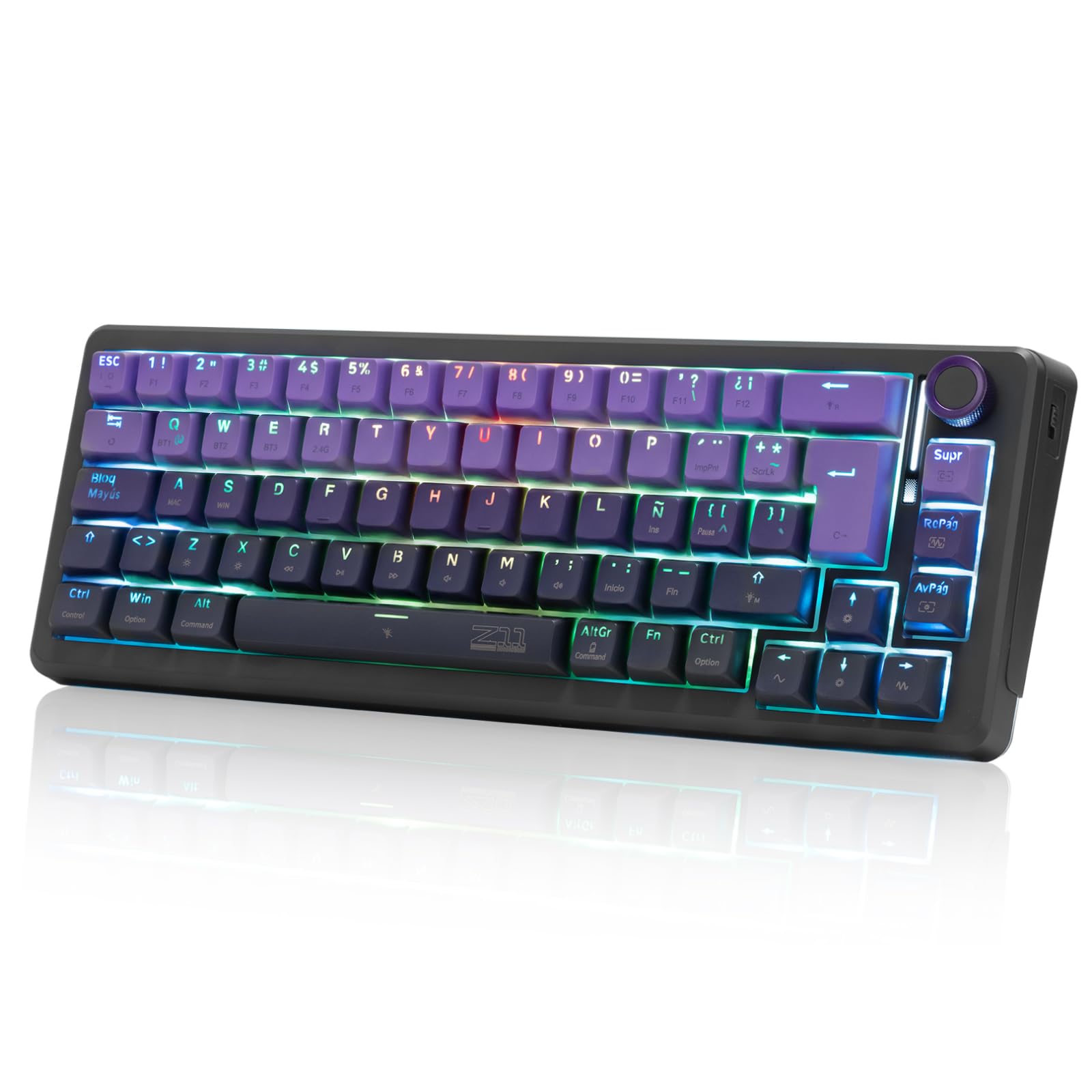 TERPORT Z11 Teclado Mecánico Inalámbrico al 65% Gasket Mount, Teclado Gamer Español con Perilla Dedicado y Iluminación RGB, Switch Lineal Ligero Hotswap, 3 Modos, Morado Degradado, Keyboard Win&Mac