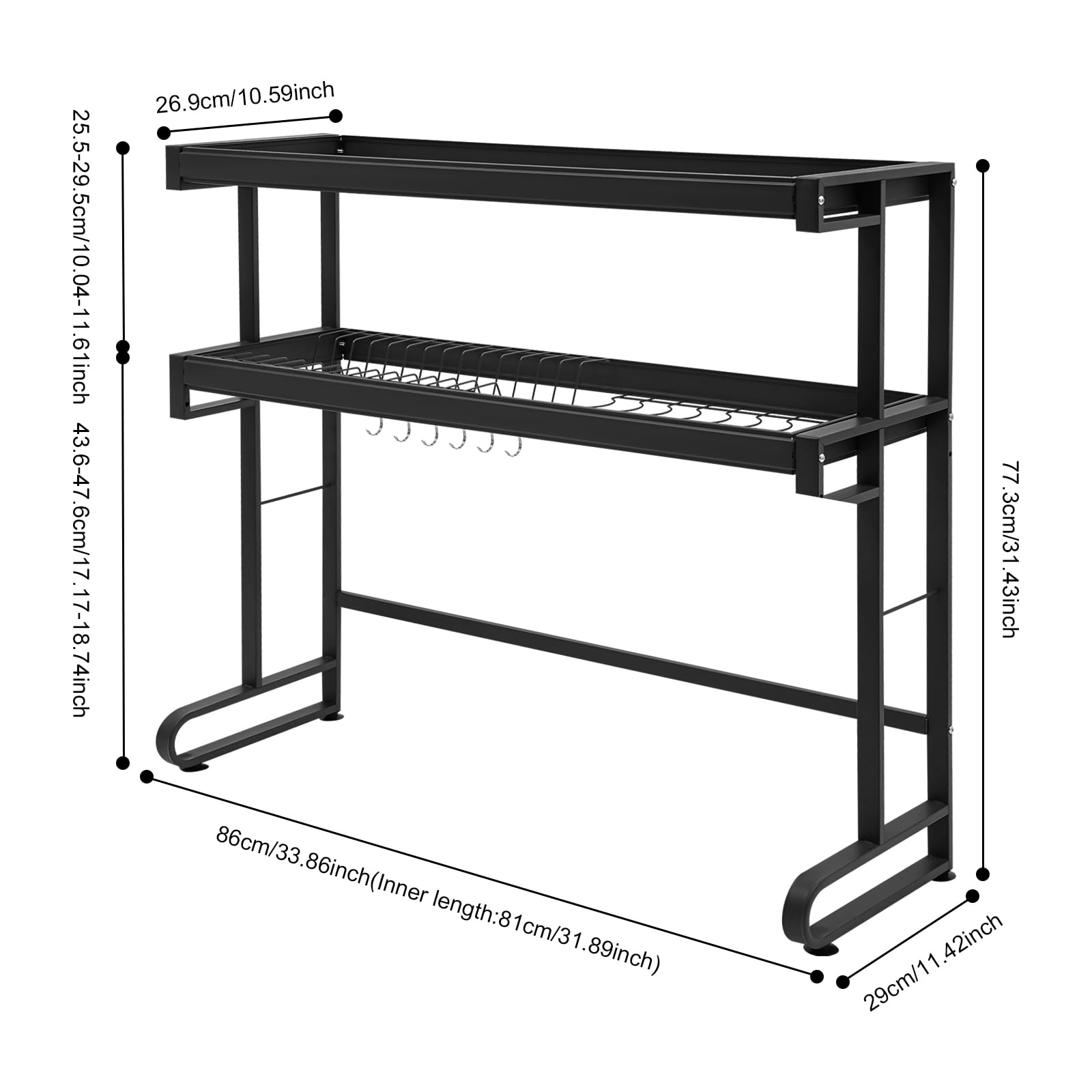 Escurridor de platos+estante de secado para platos+organizador de cocina+ahorro de espacio eficiente sobre el fregadero+86 cm doble nivel+capacidad de carga de 40 kg+negro+inoxidable+altura