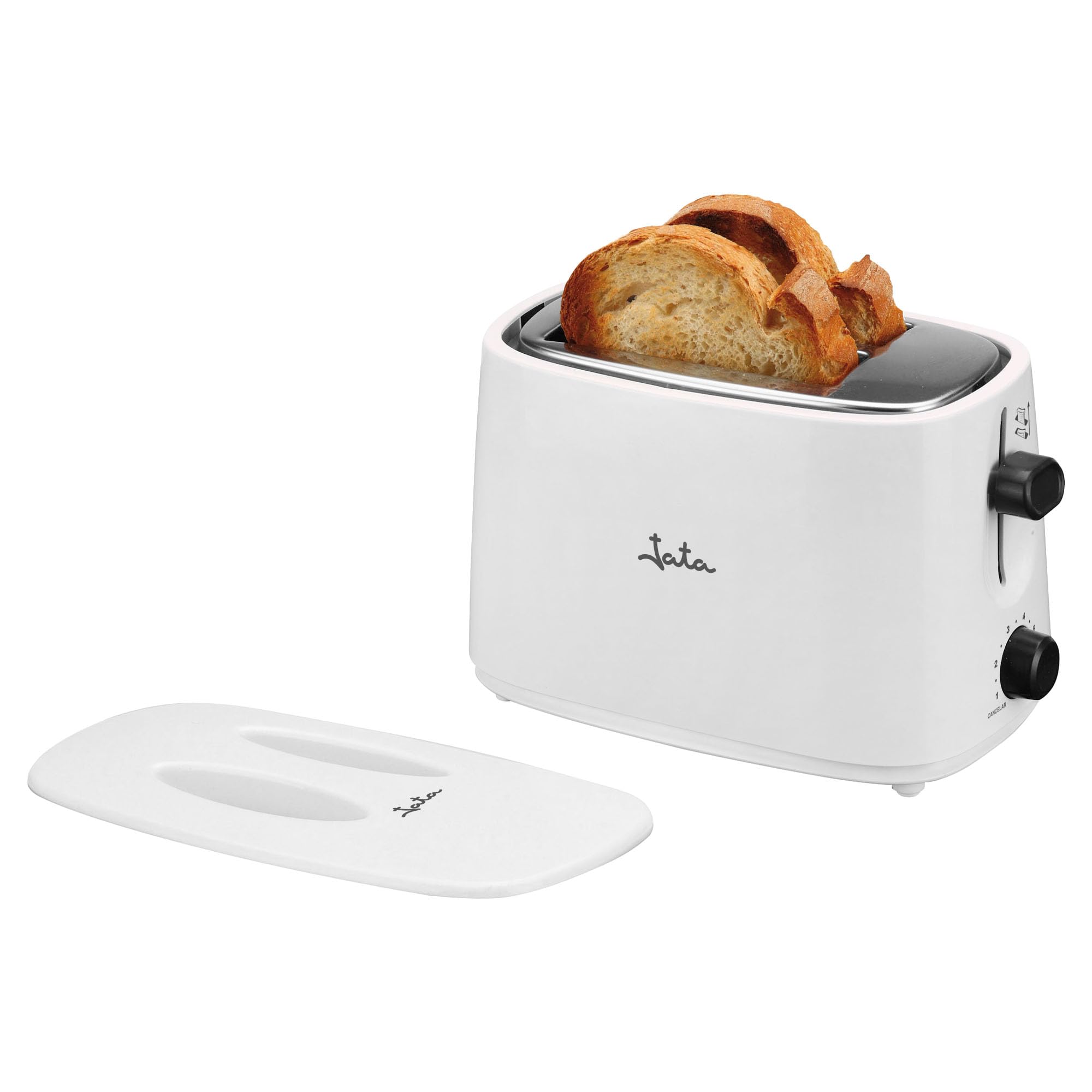Jata TT331 Tostadora con Tapa, Dos Ranuras Extra Anchas, Con selector electrónico de tostado, 6 posiciones, Cuerpo toque frío, Bandeja recogemigas, Centrado automático del pan, 750 W, Blanco