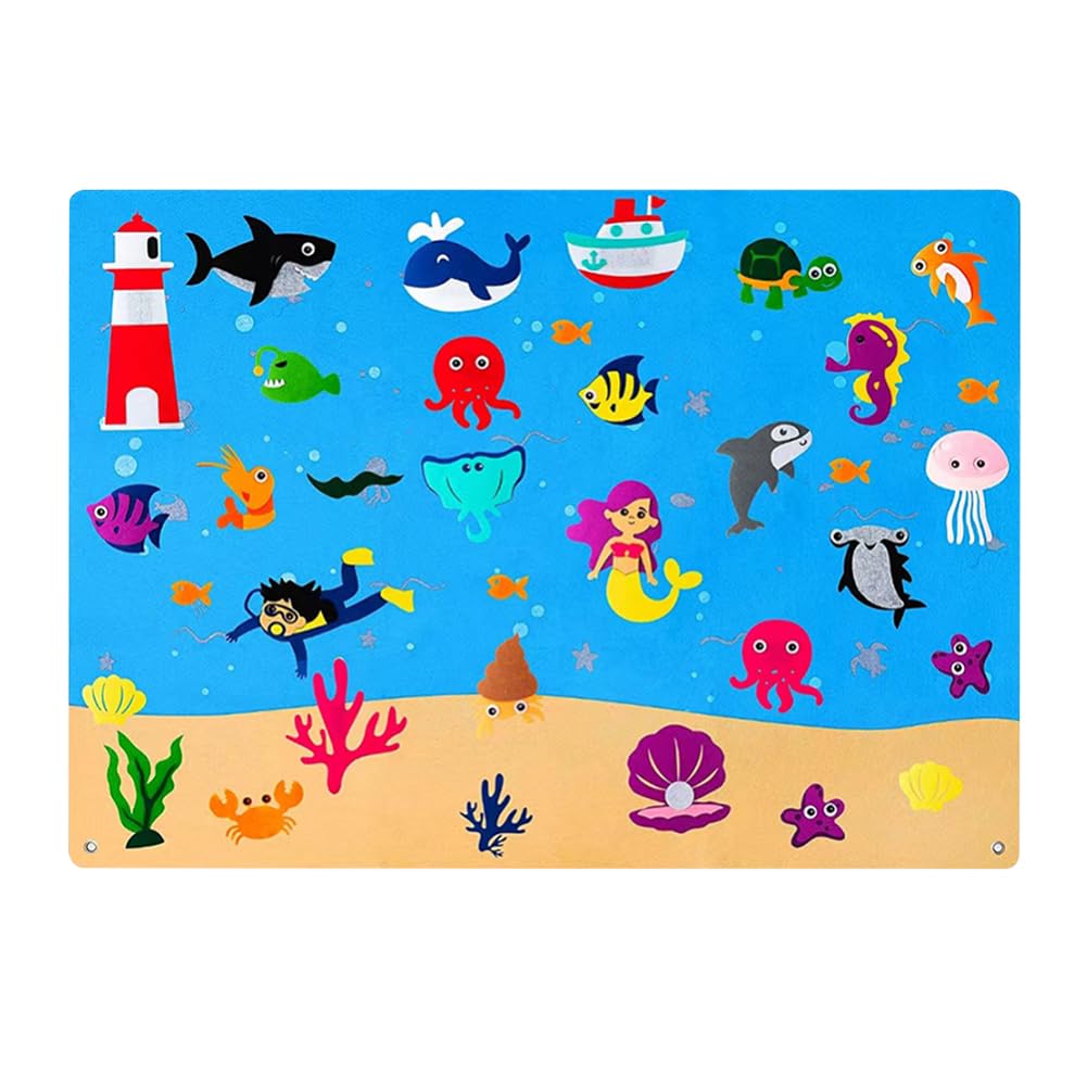 3.5Ft Childrens Teaching Felt Board for Toddlers 2 3 4 5 6 7 Old, Mermaid Theme Interactive Felt Story Board, Educational Fuzzy Felt Boards with Hooks for Wall Hanging, Gift for Kids