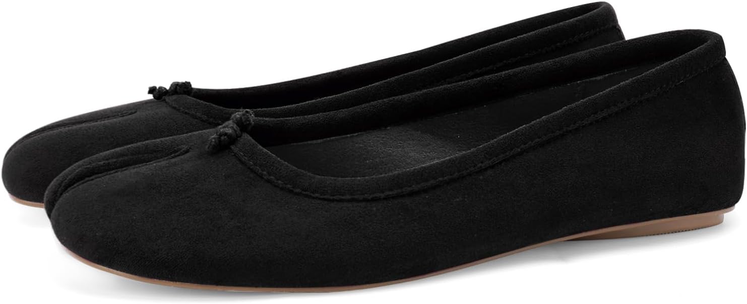 Tabi Black Suede Wide Width Split Toe Ballet Flats for Women Slip on Shoes Low Heels Comfortable Flats Shoes Size 9