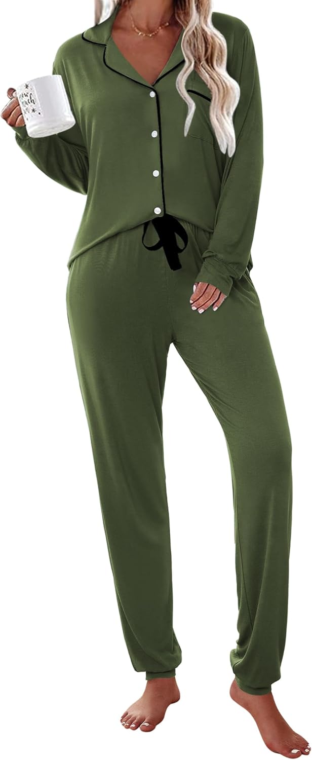 Ekouaer Pajamas Set Long Sleeve Sleepwear Womens Button Down Nightwear Soft Pj Loungewear with Pockets