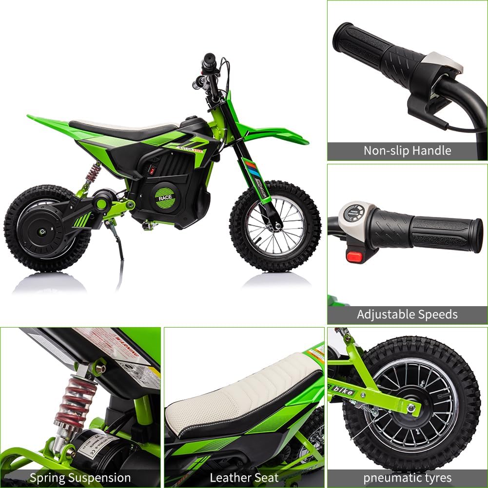 Kids Electric Dirt Bike, 24v Off-Road Motorcycle with 250w Motor & Metal Suspension, Leather Seat, Air-Filled Tires and Twist Throttle for Ages 8-12, Gift for Boys and Girls,Green