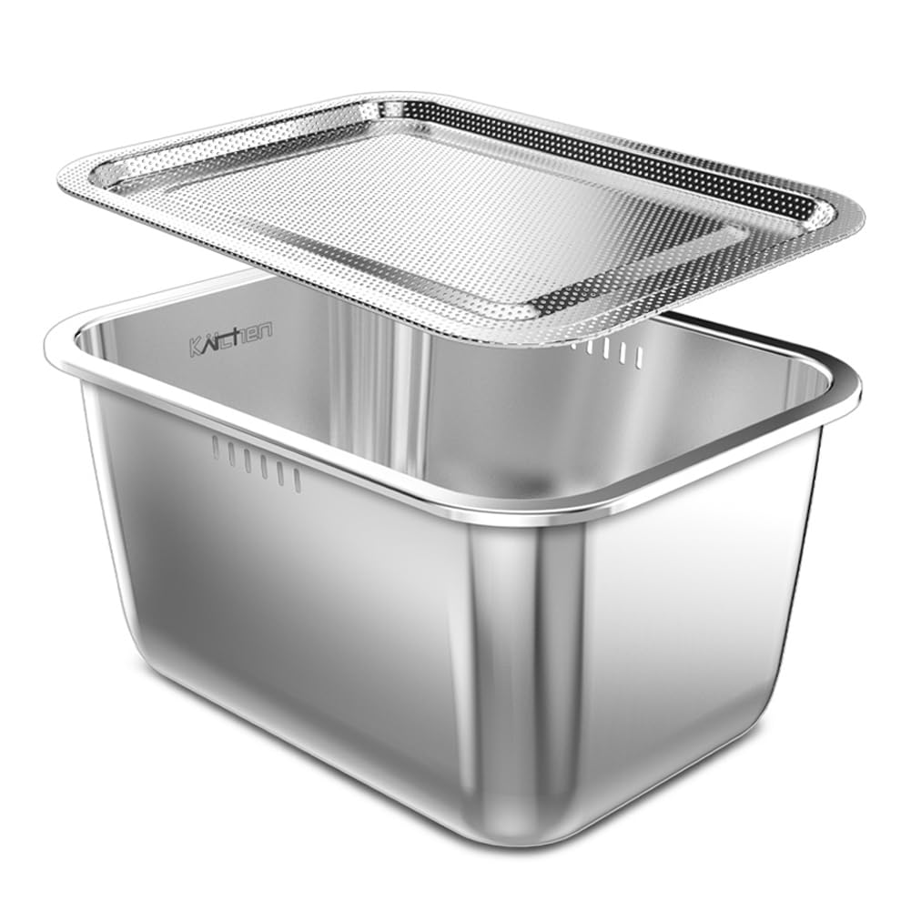 SIGNIM Stainless Steel washing up Bowl with perforated lid 10L, Large, Silver