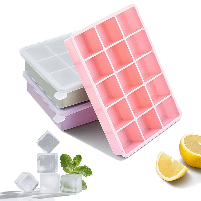 硅胶冰块托盘三件套，带盖，适用于威士忌、鸡尾酒及婴儿食品，安全无 BPA，可重复使用，洗碗机安全