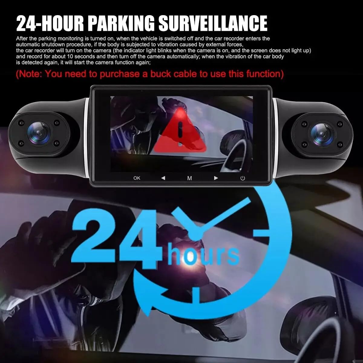Telecamera posteriore a 360 gradi per auto 1080P Full HD fotocamera 3" LCD monitor 24h modalità parcheggio randale monitoraggio dashcam rilevamento del movimento, GPS integrato, visione notturna,