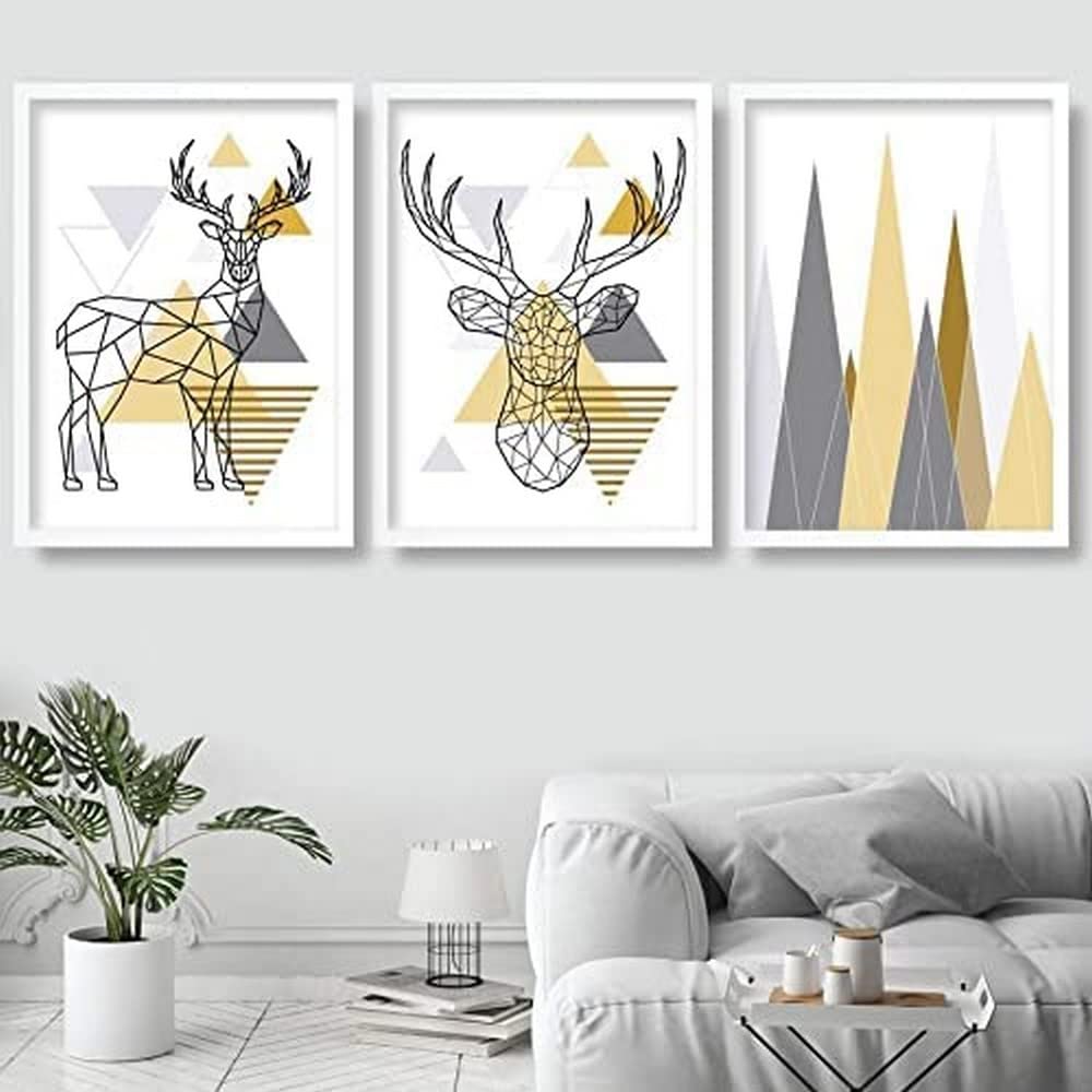 Artze Wall Art Geometric Triangles and Poly Line Stag with Mountains Art Print 3-Piece Set, 30 cm Width x 40 cm Height, Yellow/Grey