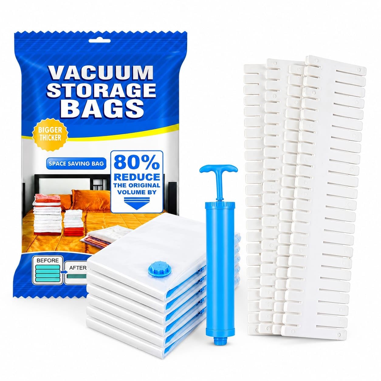 Vacuum Storage Bags (5 Pack - 1 Jumbo, 2 Large, 2 Medium) & White Drawer Dividers (6-Piece Set) | Space-Saving Compression Bags & Adjustable Drawer Organizers for Home (COMBO)-image-44