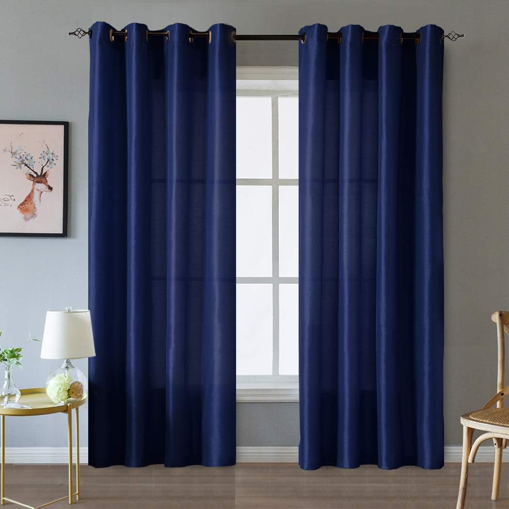 Valea Home Faux Silk Satin Window Curtains for Living Room 84 inch Long Light Reducing Curtain Panels Bedroom Grommet Top Drapes Window Treatment Set, 2 Panels, Navy Blue