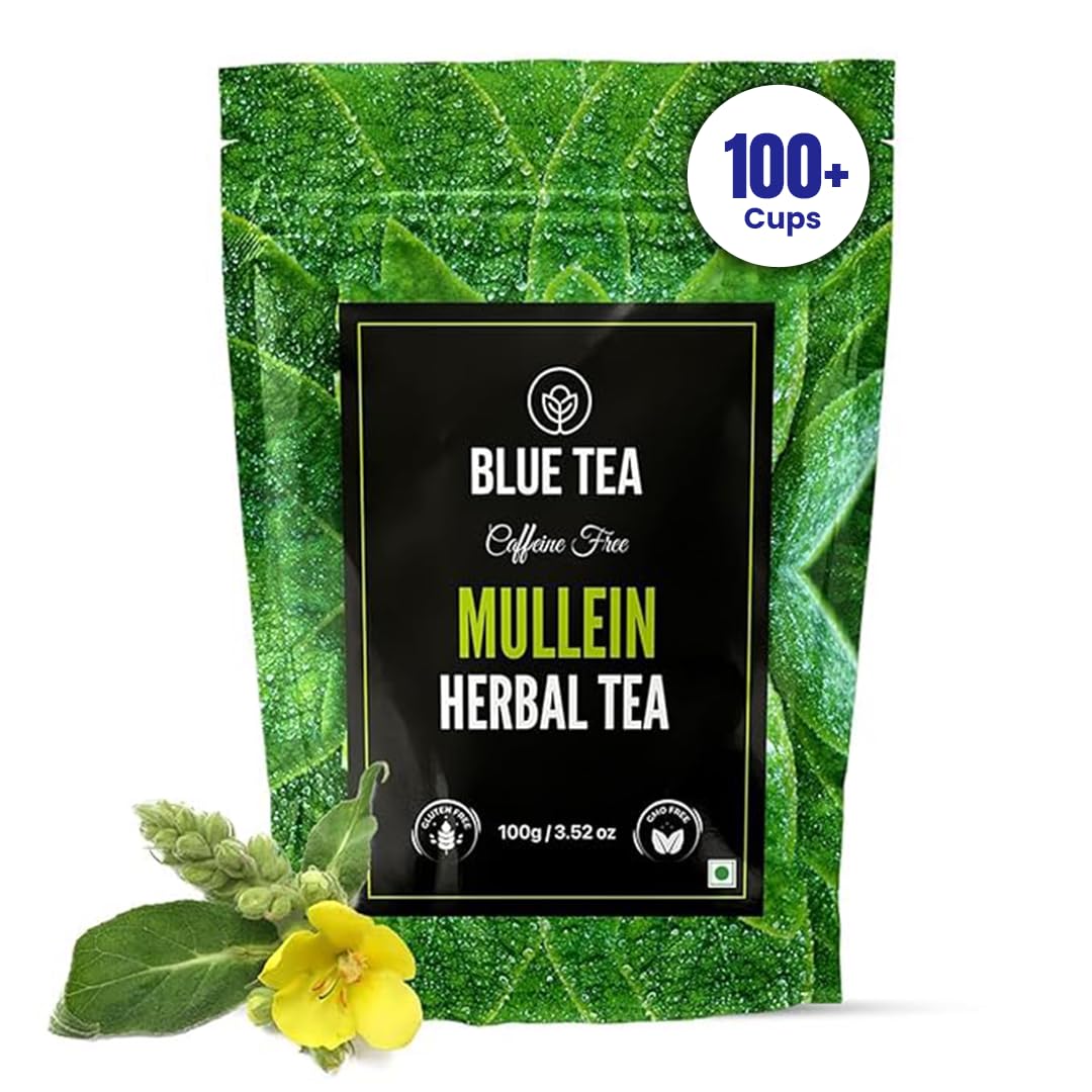BLUE TEA - Mullein Tea - 100 gm - 100+ Cups | SUPER ANTIOXIDANT | For Immunity, Lung Detox, Respiratory Health | Caffeine Free - Leaf Based - Herbal Tea - Gluten Free - Non-Bitter | Ziplock Packaging